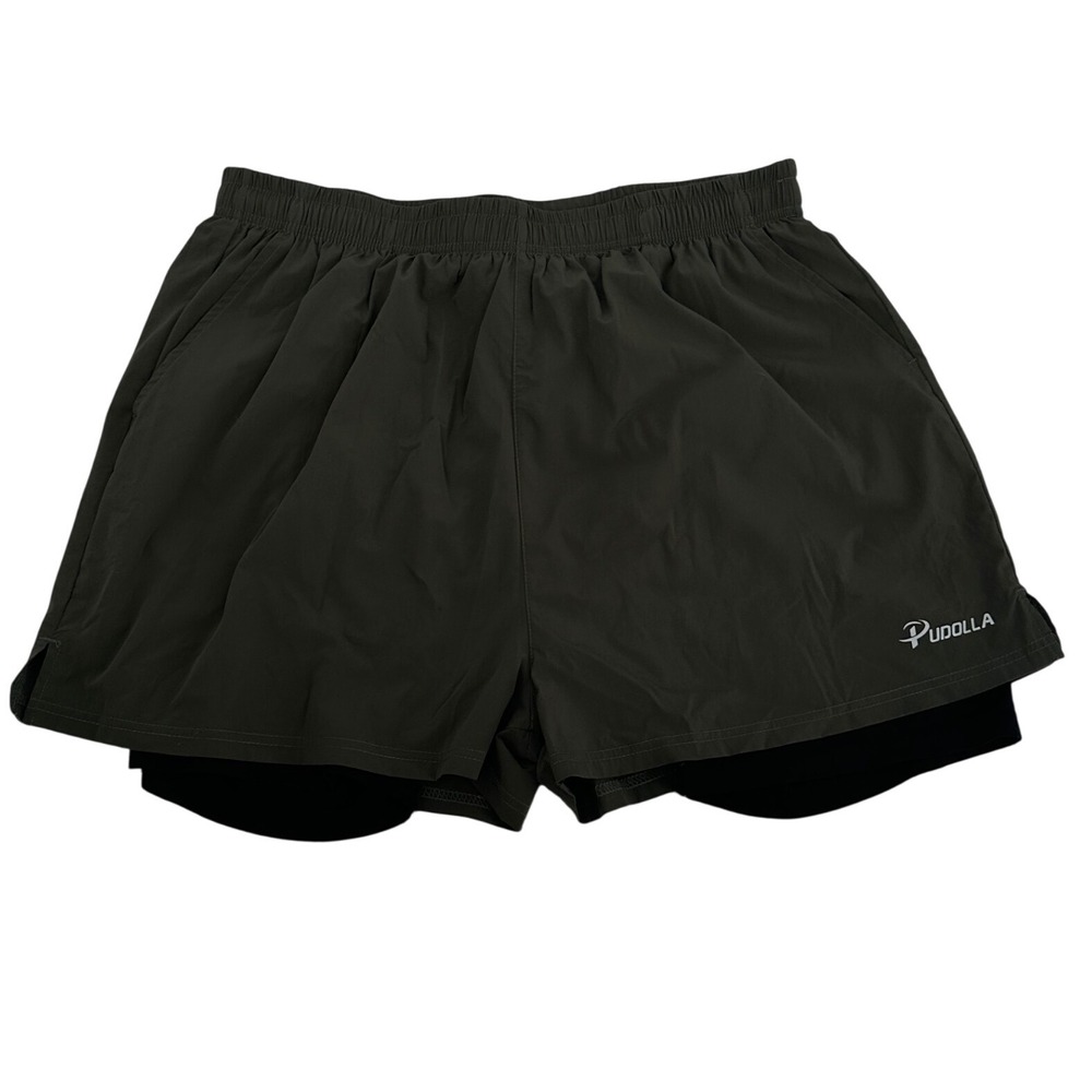 Pudolla Men's 2 in 1 Running Shorts Green Lined Athletic Gym‎ Workout Large